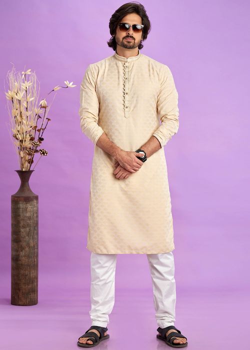 Mens Beige Woven Kurta Pajama In Art Silk