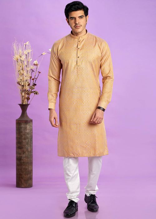 Beige Mens Kurta Pajama In Art Silk
