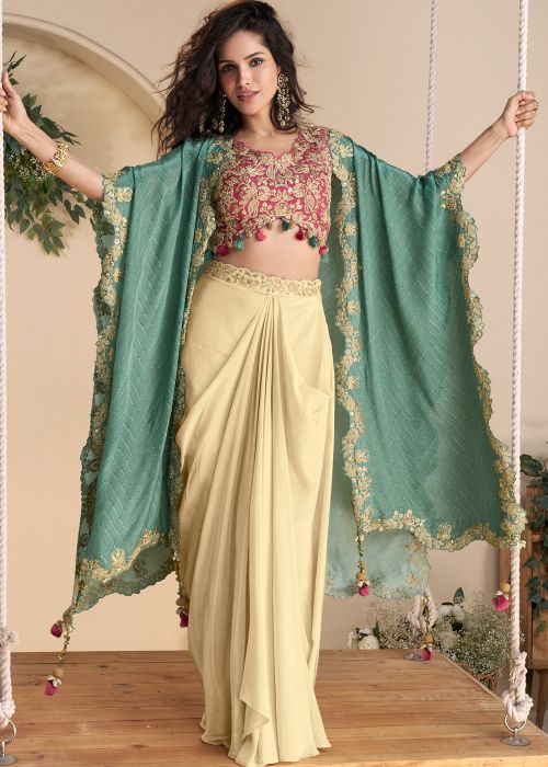 Golden Embroidered Cape Style Skirt Set