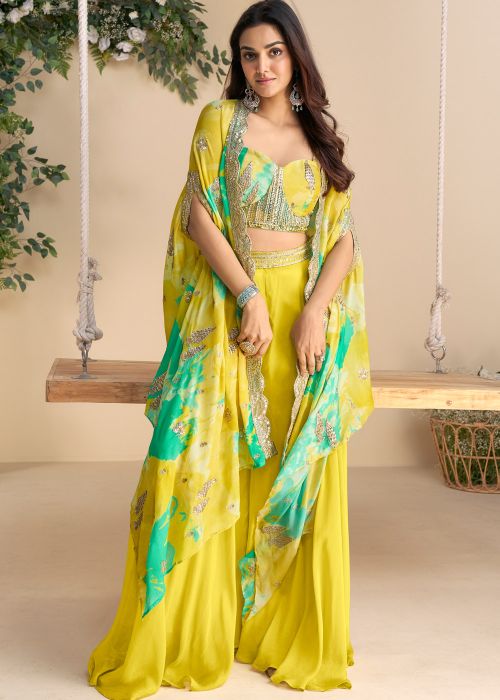 Yellow Embroidered Cape Style Palazzo Set