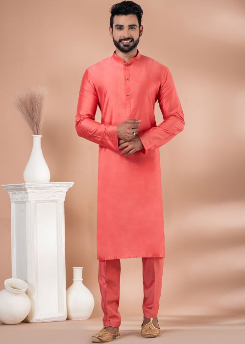 Coral Orange Mens Plain Kurta & Pajama