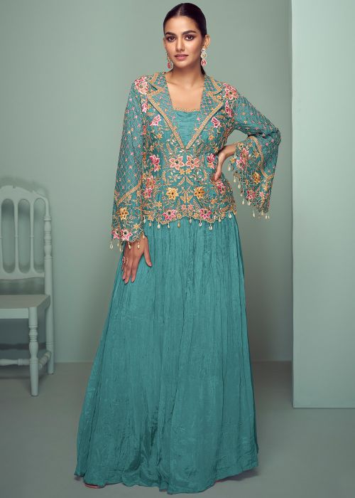 Turquoise Jacket Style Embroidered Skirt Set