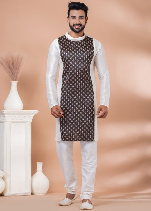 White & Brown Printed Kurta With Pajama
