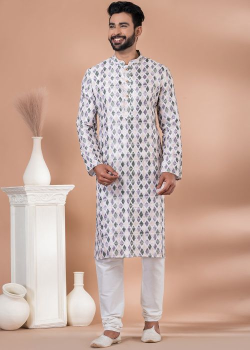 White Cotton Printed Kurta Pajama Set
