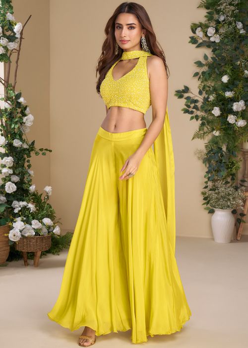 Yellow Embroidered Contemporary Style Top Bottom Set
