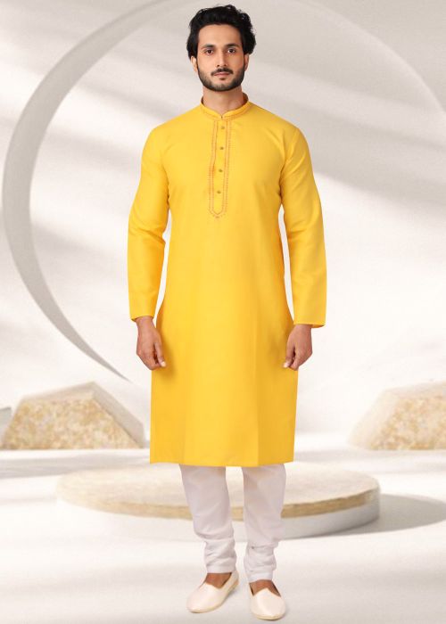 Yellow Embroidered Kurta Pajama In Cotton