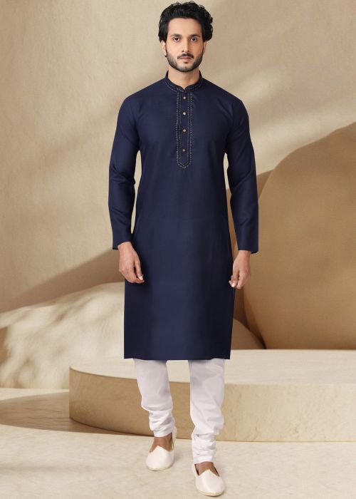 Blue Embroidered Kurta Pajama In Cotton