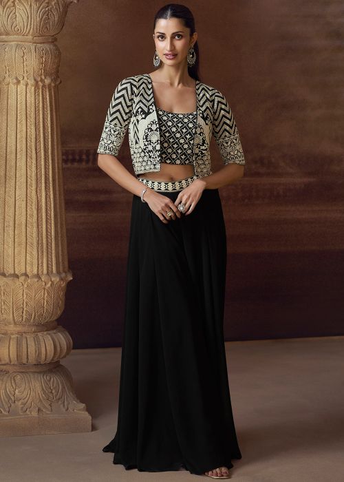 Black Embroidered Jacket Style Top Bottom Set