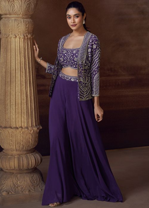 Purple Embellished Top Bottom With Jacket