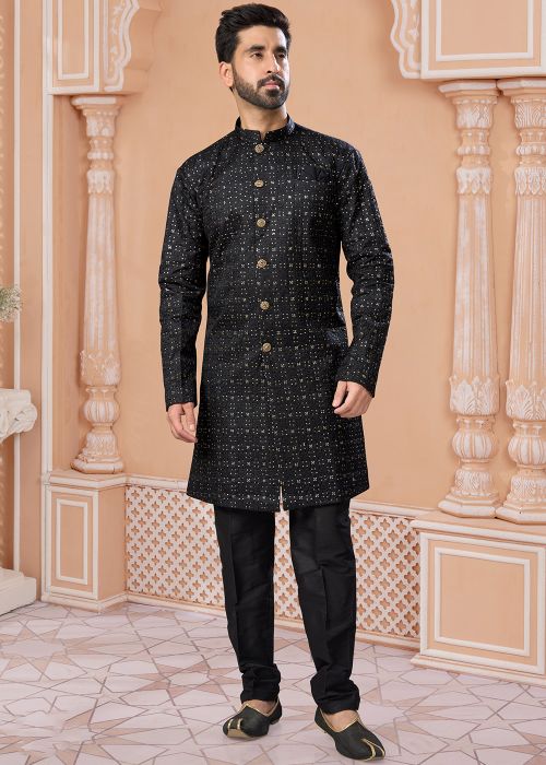 Black Readymade Embroidered Mens Sherwani Set In Silk
