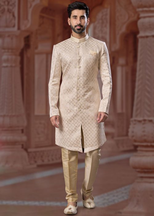 Cream Readymade Embroidered Mens Sherwani In Jacquard