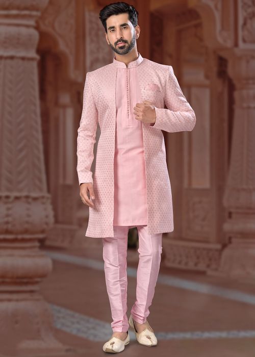 Readymade Embroidered Mens Jacket Style Sherwani In Peach