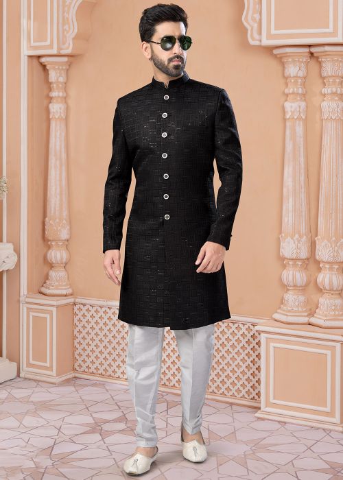 Black Readymade Embroidered Mens Sherwani Set In Jacquard