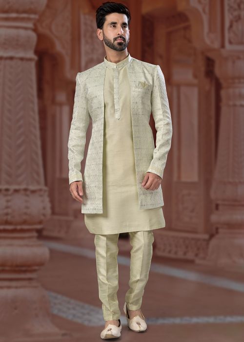 Pastel Green Readymade Mens Jacket Style Sherwani Set