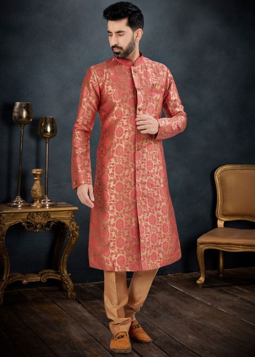 Dark Peach Readymade Mens Woven Sherwani In Jacquard