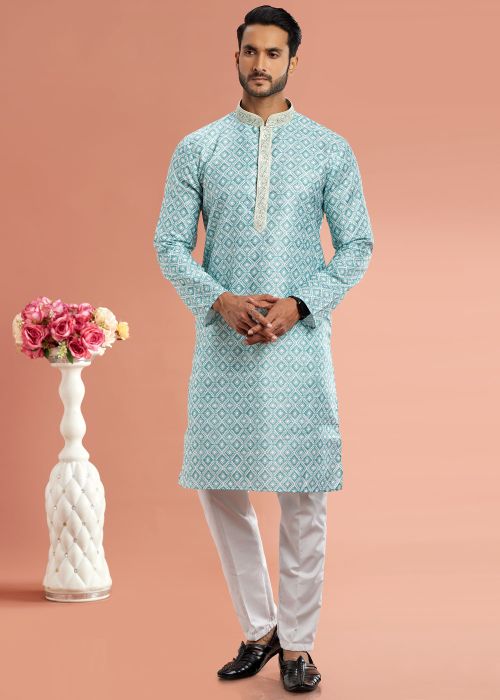 Green Digital printed Mens Kurta Pajama