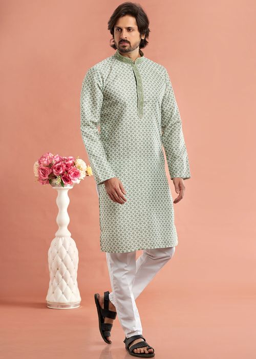 Green Digital printed Mens Kurta Pajama