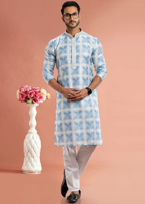 Blue Digital printed Mens Kurta Pajama