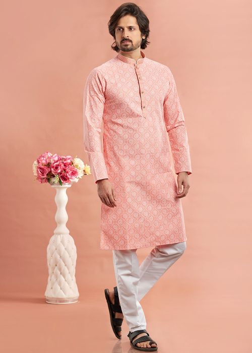 Pink Digital printed Mens Kurta Pajama