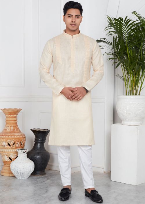 Cream Plain Readymade Art Silk Mens Kurta Pajama
