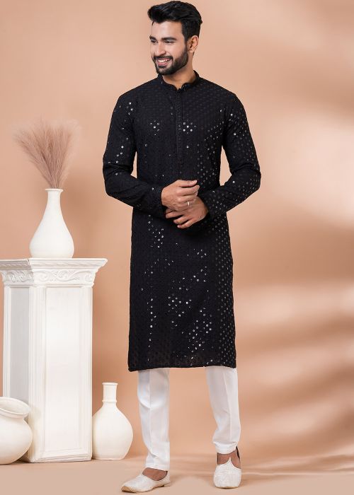 Black Readymade Embellished Viscose Mens Kurta Pajama