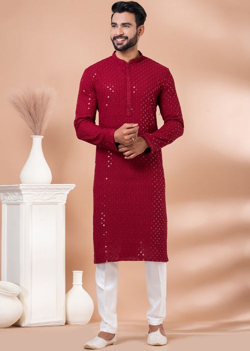 Red Readymade Embellished Viscose Mens Kurta Pajama