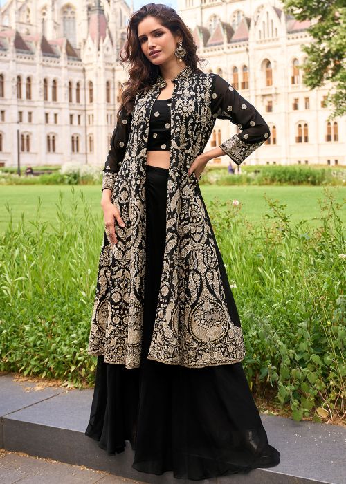 Black Readymade Embellished Jacket Style Top Bottom