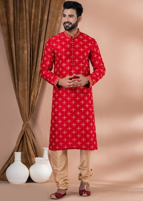 Red Embroidered Kurta Pajama In Banarasi Silk