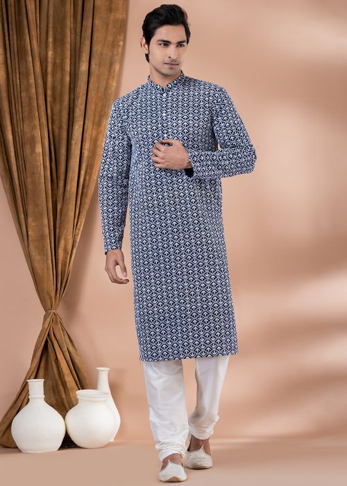 Blue Embroidered Kurta Pajama In Cotton
