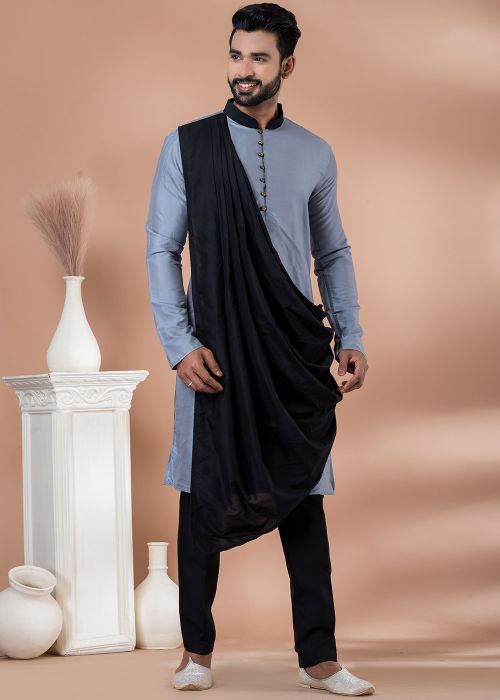 Grey Viscose Readymade Mens Kurta Pajama