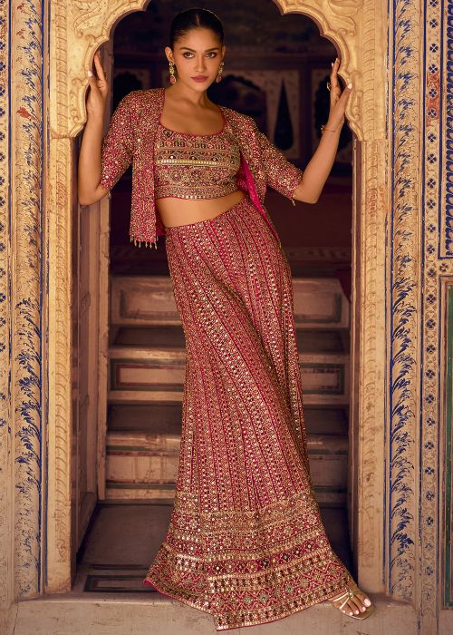 Pink Georgette Jacketed Co-ord Set With Sequins Work