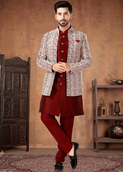 Readymade Mens Silk Indowestern Sherwani & Jacket In Red