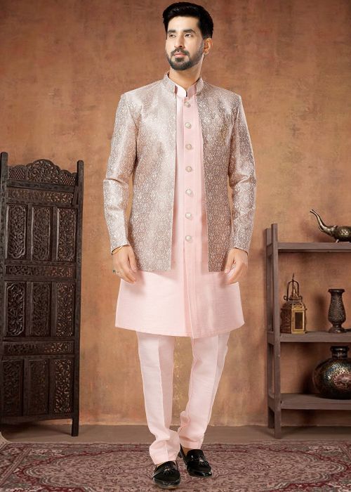Light Pink Readymade Mens Silk Indowestern Jacket & Sherwani