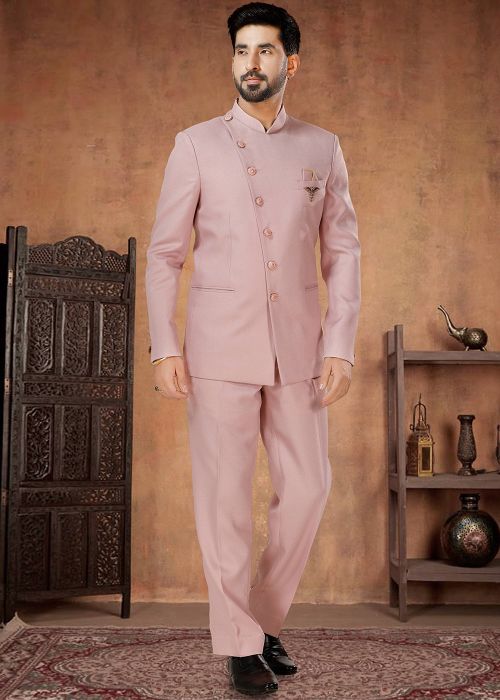 Pink Readymade Mens Rayon Bandhgala Jodhpuri Suit Set