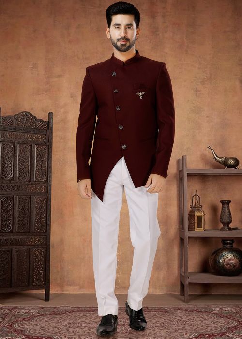 Maroon Rayon Readymade Bandhgala Jodhpuri Suit In Plain