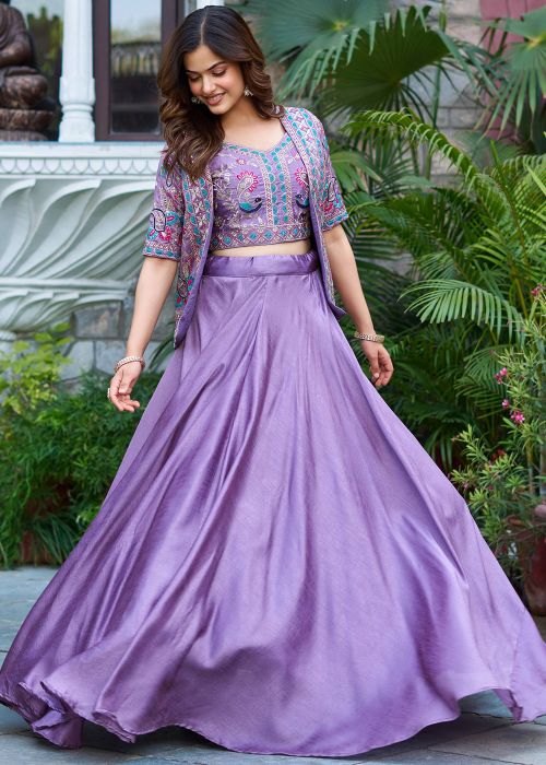 Lavender Art Silk Skirt Set With Thread Work