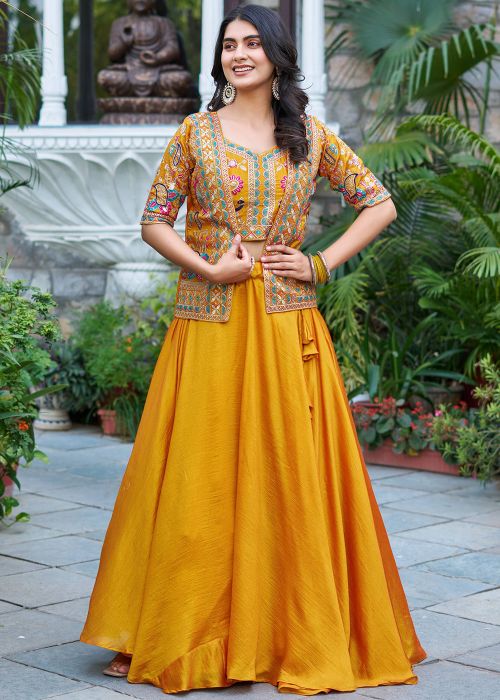 Mustard Yellow Art Silk Skirt Set With Embroidered Jacket