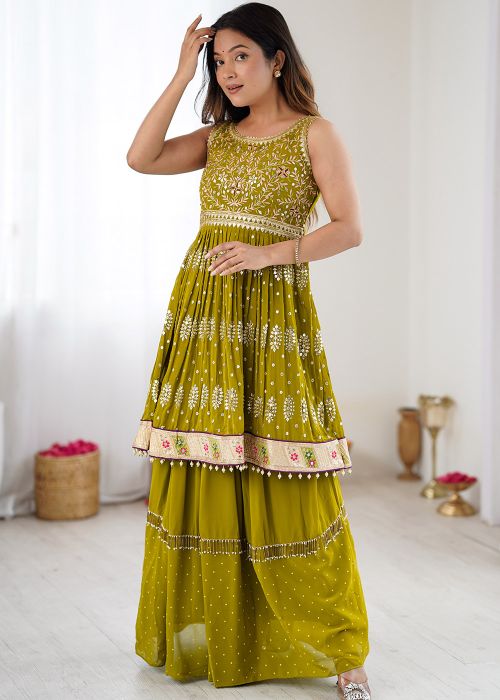 Green Georgette Skirt Set With Thread Embroidery