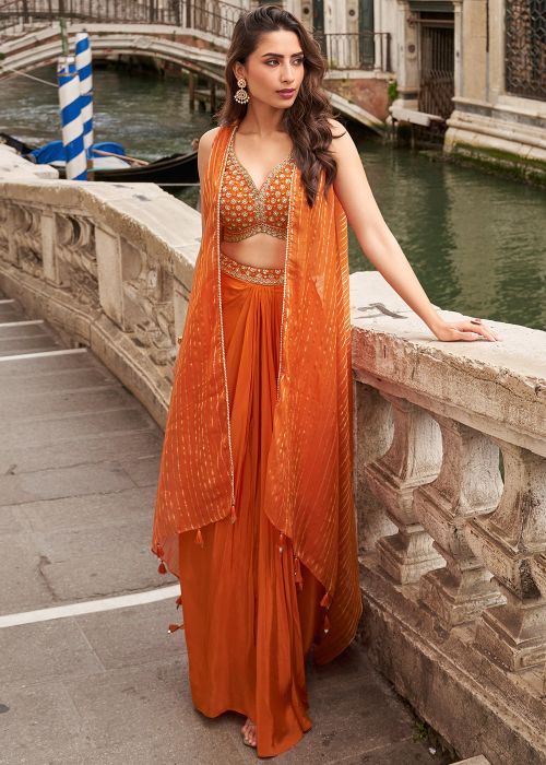 Orange Chiffon Draped Skirt Set With Mirror Work