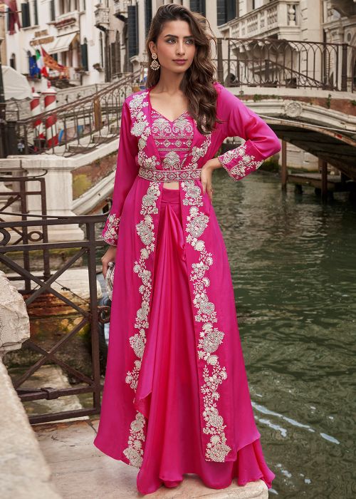 Rani Pink Draped Skirt Set With Beaded Jacket