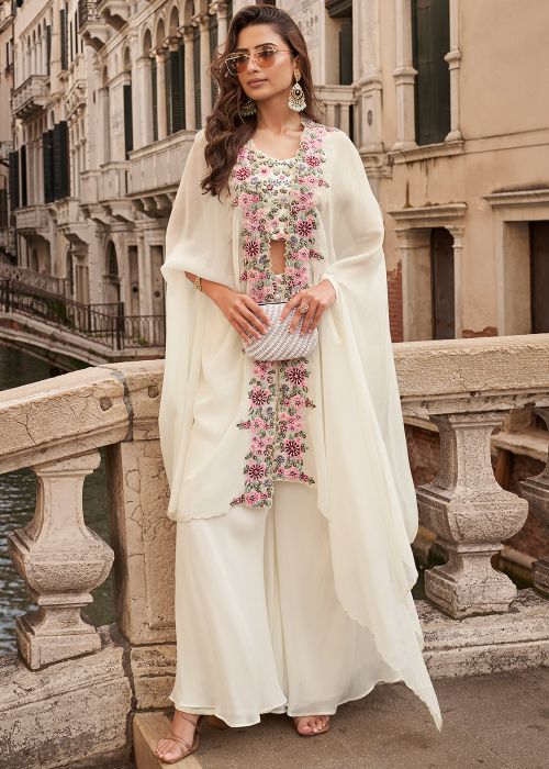 White Chiffon Palazzo Set With Floral Cape