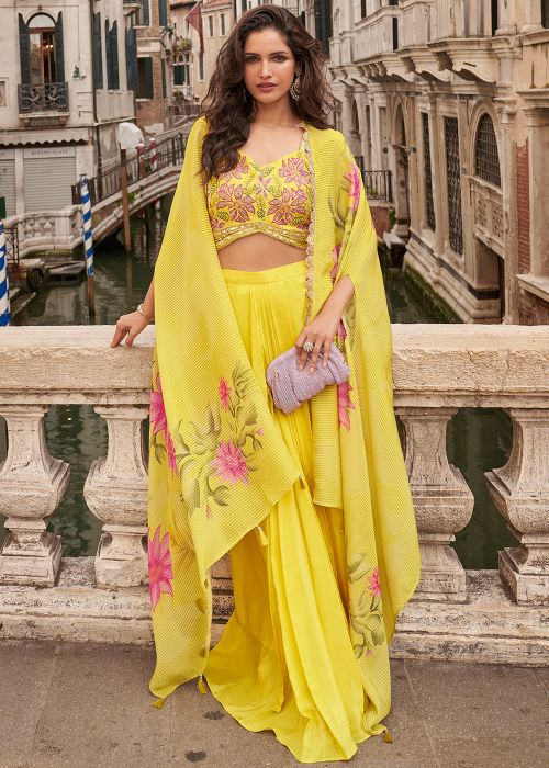 Yellow Chiffon Draped Skirt Set With Floral Cape