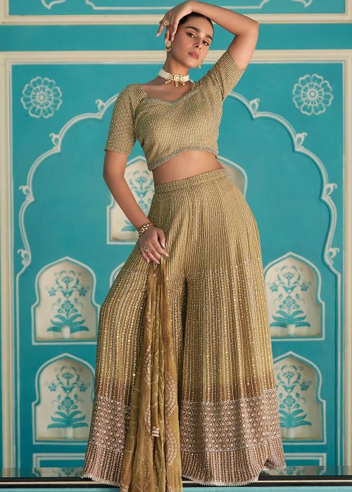 Green Georgette Top Bottom Set With Heavy Zari Work