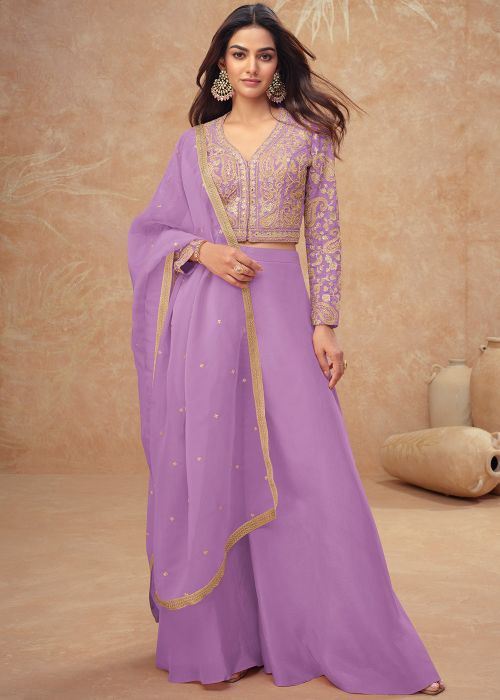 Lavender Shimmer Top Bottom Set With Handwork