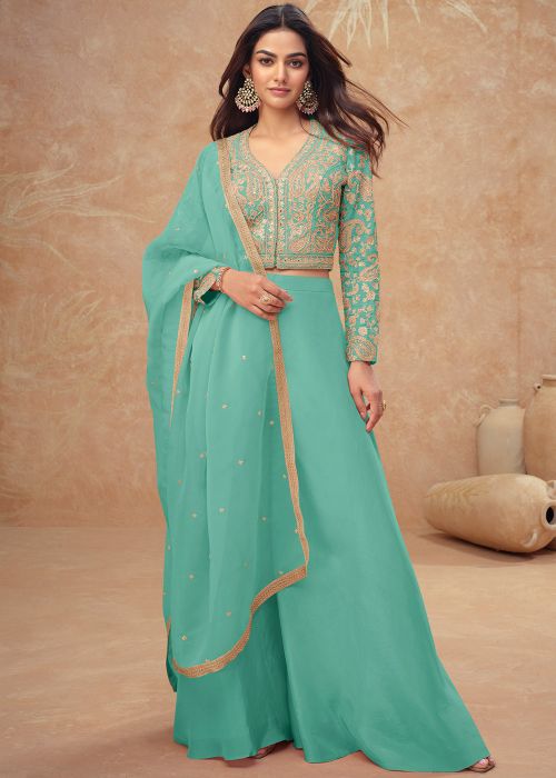 Sea Green Shimmer Top Bottom With Hand Embroidery
