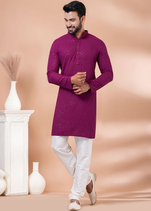 Magenta Readymade Rayon Mens Kurta Pajama In Sequins Embellishment