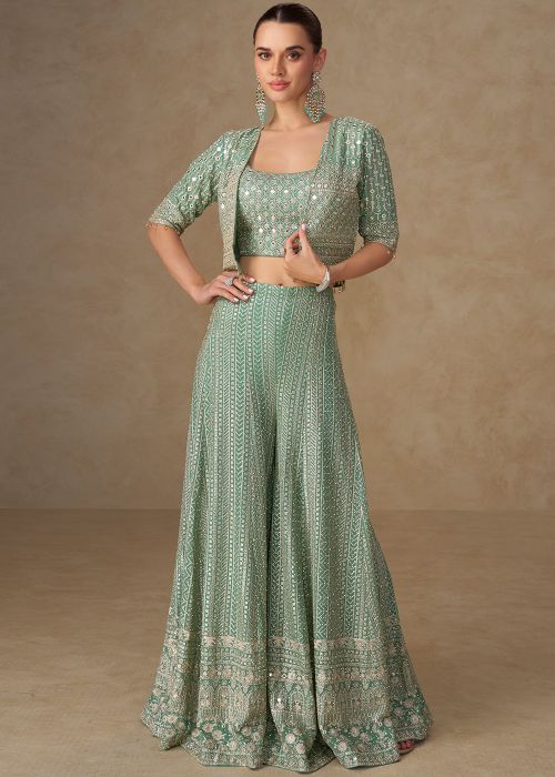 Mint Green Georgette Co-Ord Set With Hand Embroidery