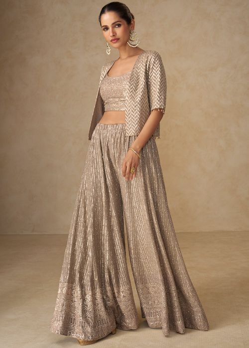 Beige Georgette Co-Ord Set With Embellished Jacket