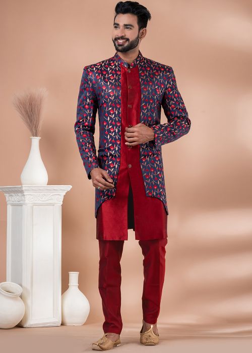 Navy Blue & Red Printed Indo Western Sherwani