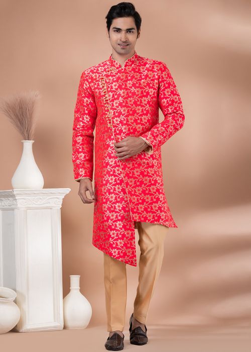 Red Mens Woven Asymmetric Indo Western Sherwani
